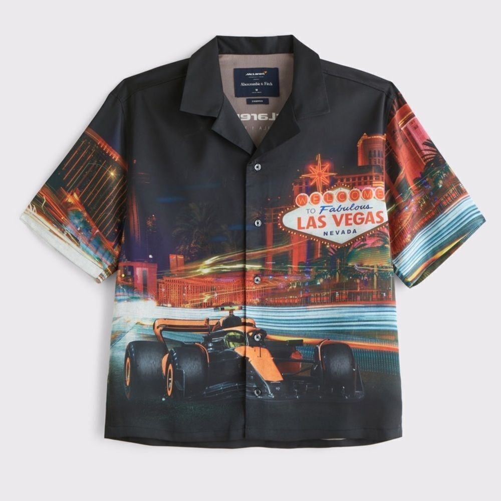 Abercrombie and Fitch McLaren Camp Collar Cropped Silky Button-Up Shirt
